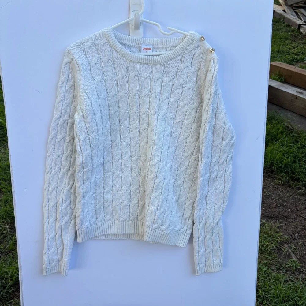 Gymboree Girls White Cable Knit Cotton Sweater‎ Shoulder Buttons Size 12
